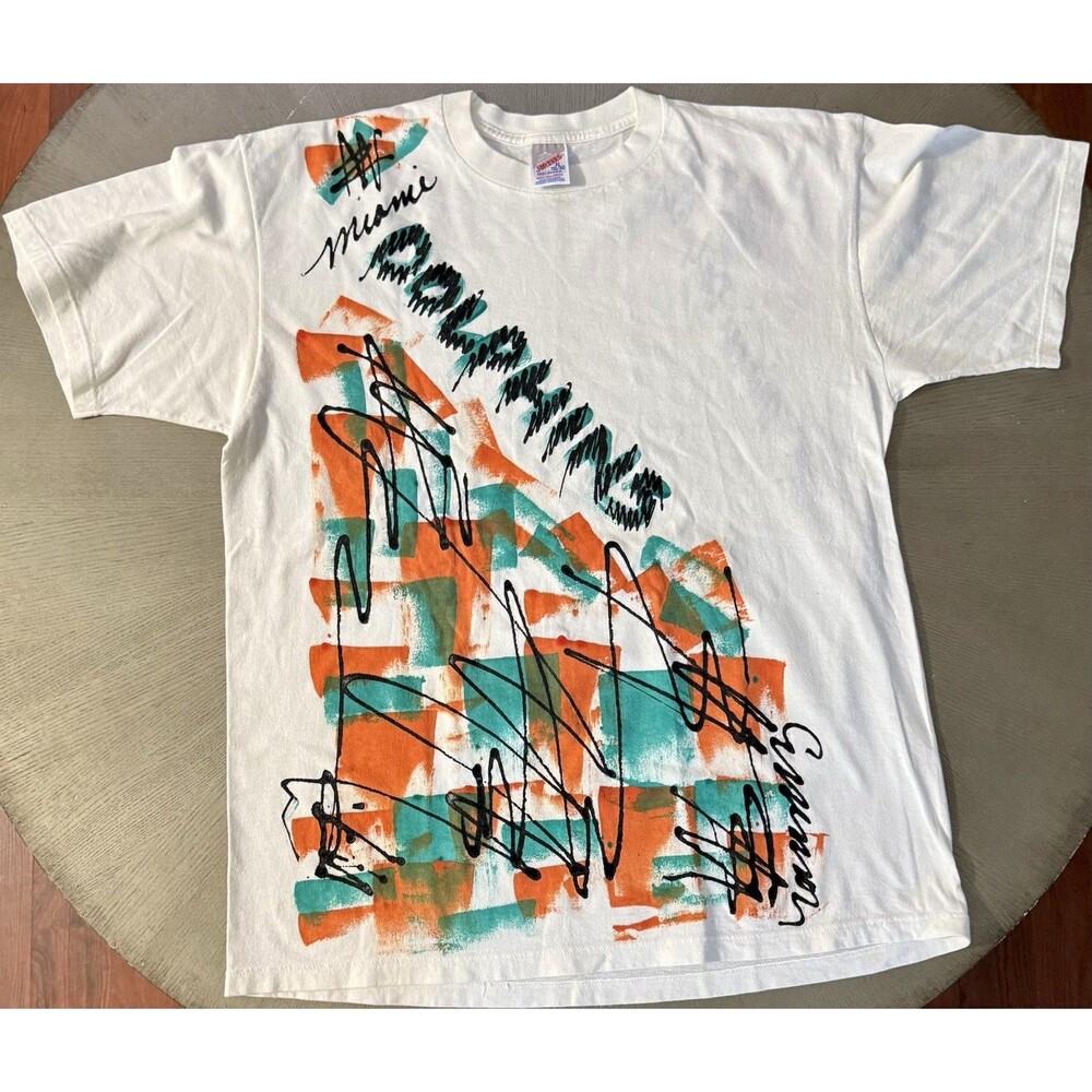 ⁠VTG 90s Miami Dolphins Jerzees Shirt XL Hand Painted Custom Puff Paint USA